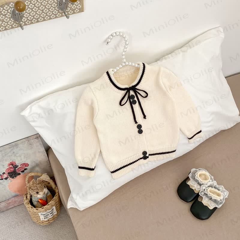 Baby Toddler Girl Knit Bow Cardigan/Black Pants/Stripe Pants - image 3