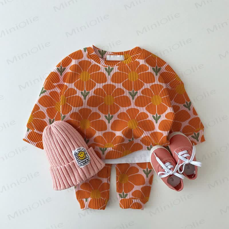 Baby Orange Flower Waffle 2-piece Pink Set - Pink - 2-3T - image 1