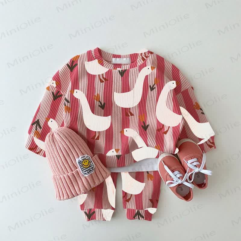 Baby Duck Flower Stripe Waffle 2-piece Pink Set - Pink - 2-3T - image 1