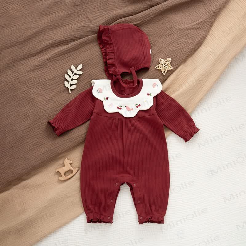 Baby Petal Collar Rib Romper with Hat - Red - 12-18M - image 1
