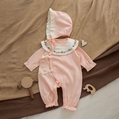 Baby Petal Collar Rib Romper with Hat - Pink - 12-18M - image 5