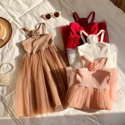 Toddler Girl Flower Mesh Solid Color Dress - image 1