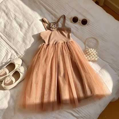 Toddler Girl Flower Mesh Solid Color Dress - Coffee - 5-7T - image 6