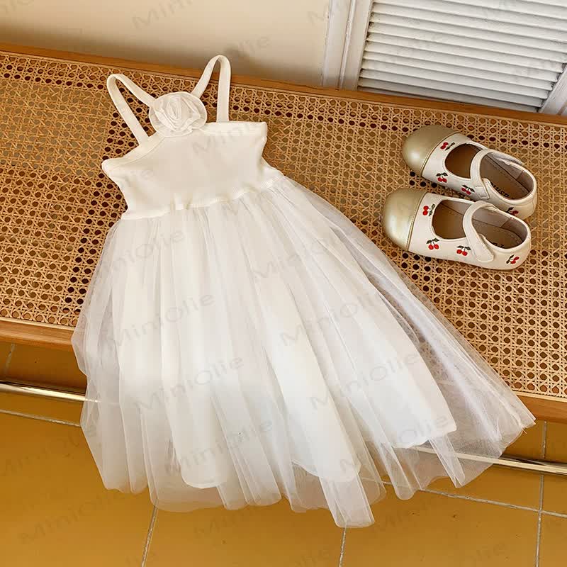 Toddler Girl Flower Mesh Solid Color Dress - White - 5-7T - image 7