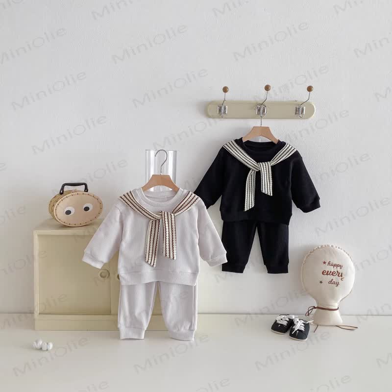 Baby Toddler Solid Color Stripe Shawl 2-piece Set - image 2