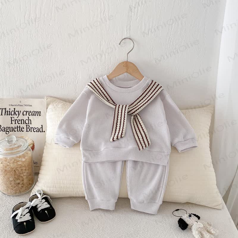 Baby Toddler Solid Color Stripe Shawl 2-piece Set - Beige - 3-5T - image 4