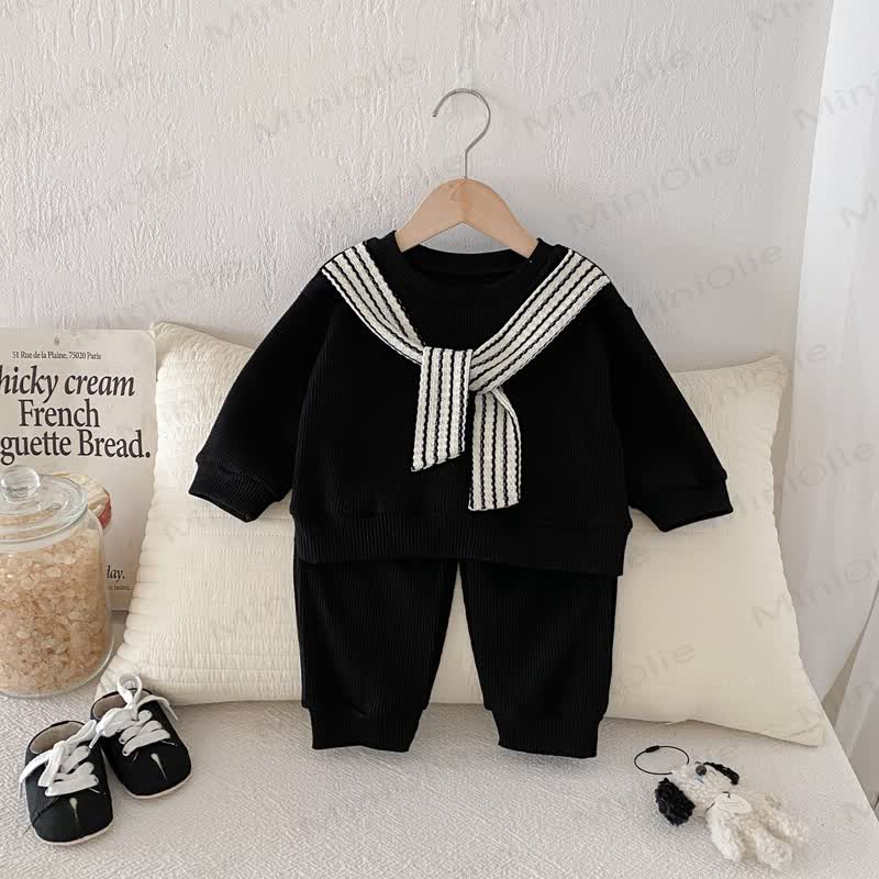 Baby Toddler Solid Color Stripe Shawl 2-piece Set - Black - 3-5T - image 5