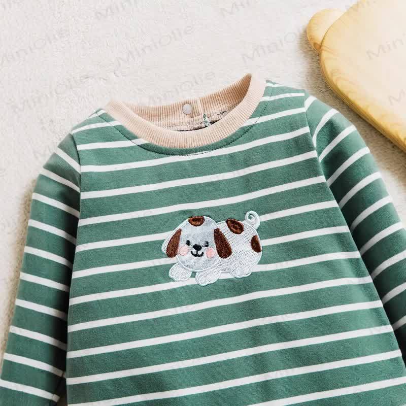 Baby Green Pupppy Striped Romper - image 4