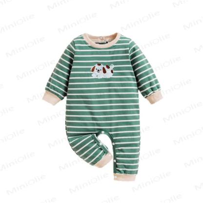 Baby Green Pupppy Striped Romper - image 7