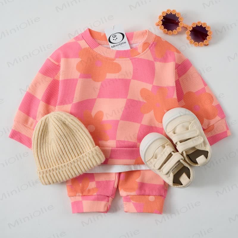 Baby Checkered Flowers Pink Waffle 2-piece Set - Pink - 3-5T - image 1