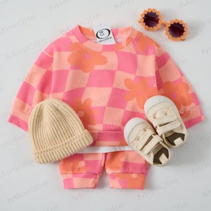 Baby Checkered Flowers Pink Waffle 2-piece Set - Pink - 3-5T - image 1