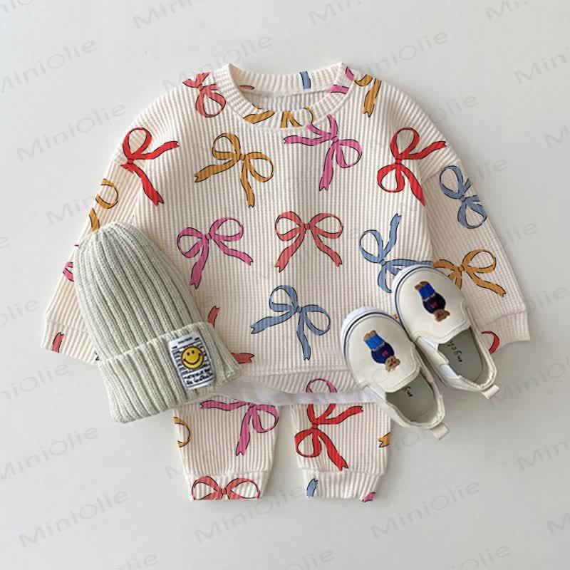 Baby Toddler Colorful Bownot Waffle 2-piece Beige Set - Beige - 3-5T - image 1