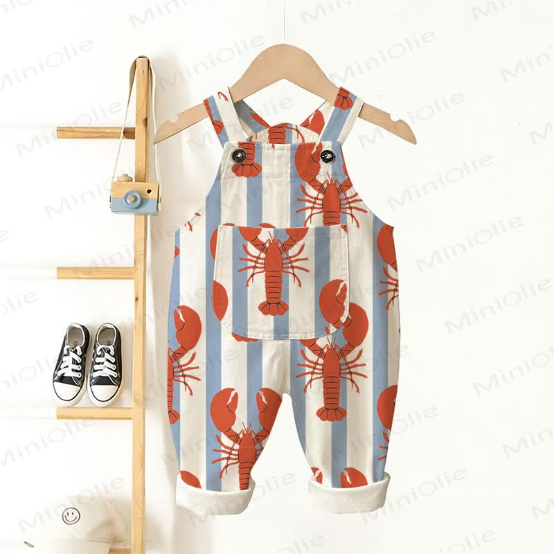 Baby Toddler Blue White Stripe Lobster Woven Overalls  - White - 3-5T - image 1