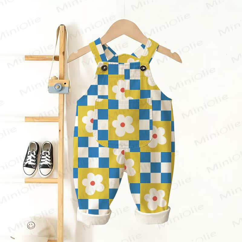 Baby Toddler White Plaid Flower Woven Overalls  - White - 3-5T - image 1