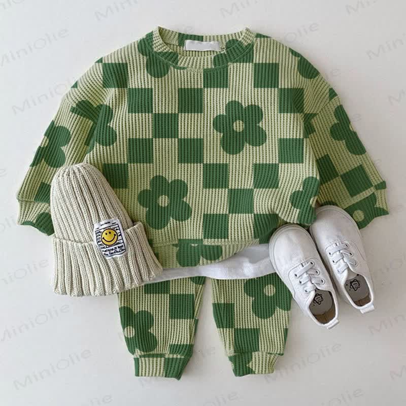 Baby Grey Green Waffle Plaid Flower 2-piece Set - Green - 2-3T - image 1