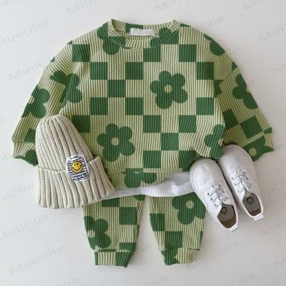 Baby Grey Green Waffle Plaid Flower 2-piece Set - Green - 2-3T - image 1