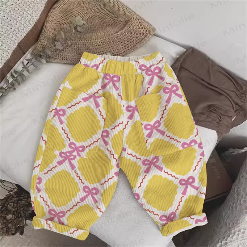 Baby Toddler Beige Yellow Plaid Bow Cord Pants - Beige - 5-7T - image 1