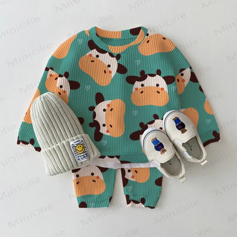 Baby Toddler Dairy Cow Waffle Sweatshirt 2-piece Green Set - Green - 3-5T - image 1
