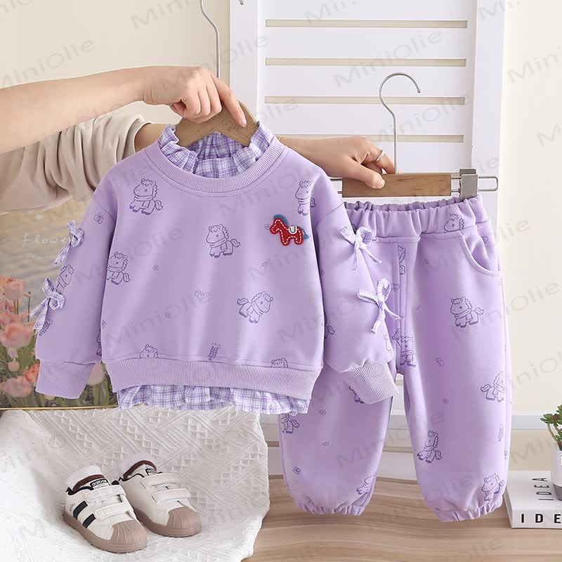 Baby Toddler Girl Horse Bow Plaid 2-piece Set - Purple - 5-7T - image 2