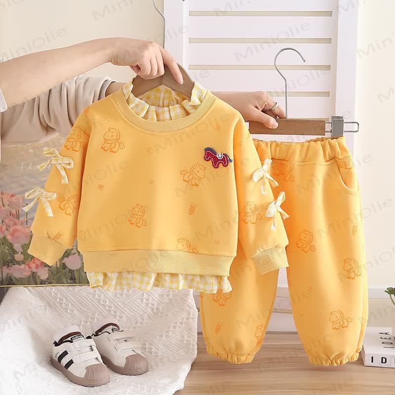 Baby Toddler Girl Horse Bow Plaid 2-piece Set - Yellow - 5-7T - image 3