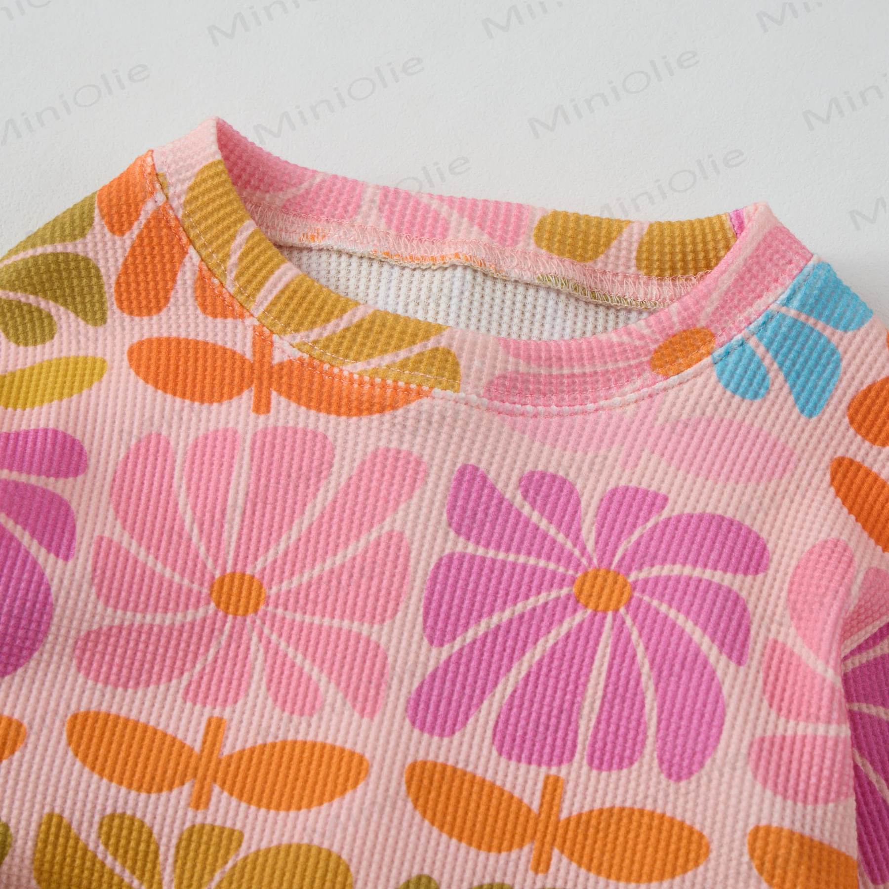 Baby Waffle Colored Square Flowers Sweatshirt 2-piece Set - image 2