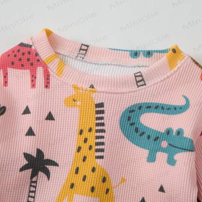 Baby Waffle Lovely Cartoon Animals Sweatshirt 2-piece Pink Set - image 2
