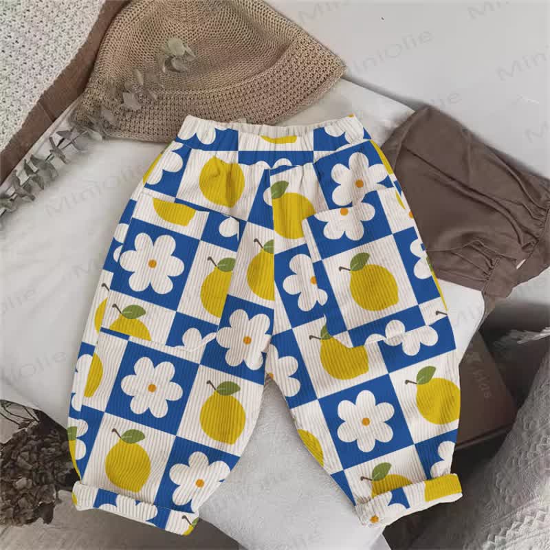 Baby Toddler Beige Lemon Plaid Flower Cord Pants - Beige - 5-7T - image 1