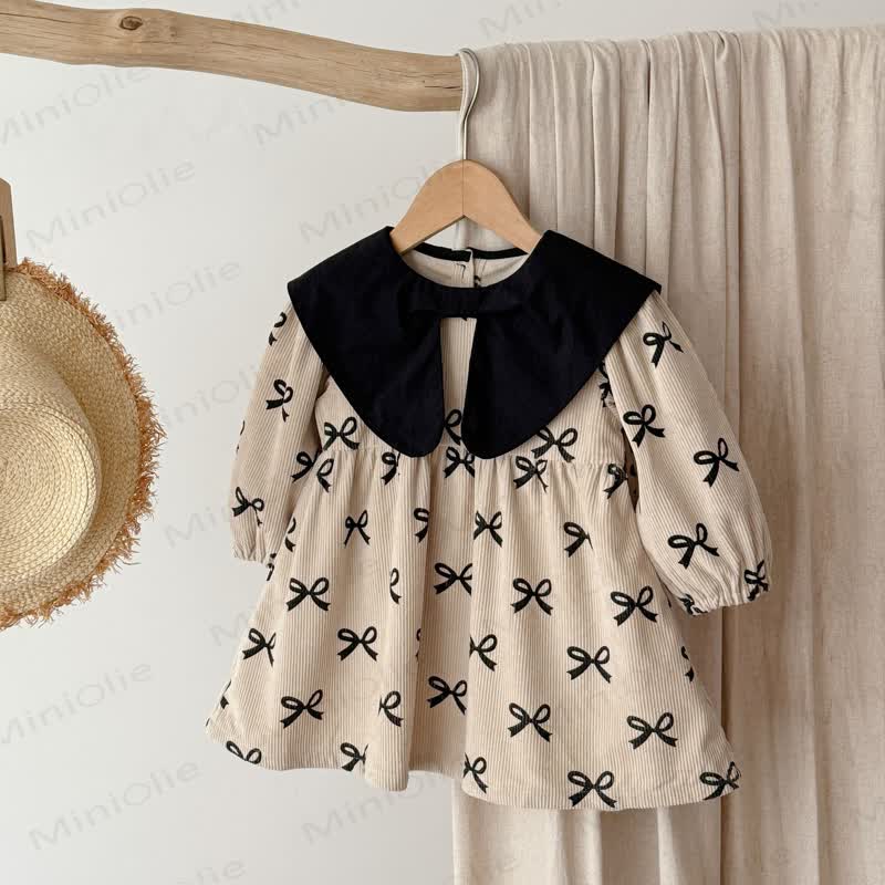 Baby Toddler Girl Lapel Bow Dress/ Bodysuit - Beige Dress - 8Y - image 3