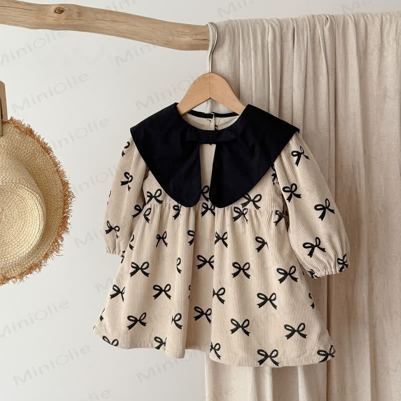 Baby Toddler Girl Lapel Bow Dress/ Bodysuit - Beige Dress - 8Y - image 3