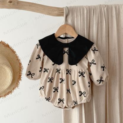Baby Toddler Girl Lapel Bow Dress/ Bodysuit - Beige Bodysuit - 18-24M - image 4