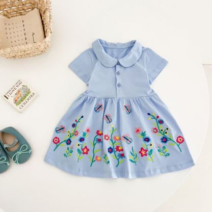 Baby Toddler Girl Lapel Knit Flower Dress - Blue - 8Y - image 1