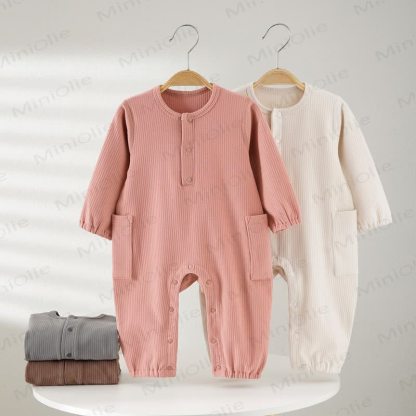 Baby Solid Color Ribbed Double Pocket Romper - image 1