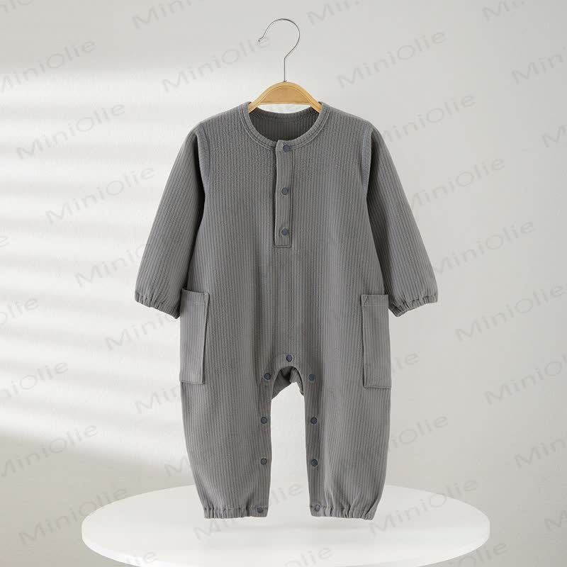 Baby Solid Color Ribbed Double Pocket Romper - Grey - 18-24M - image 11