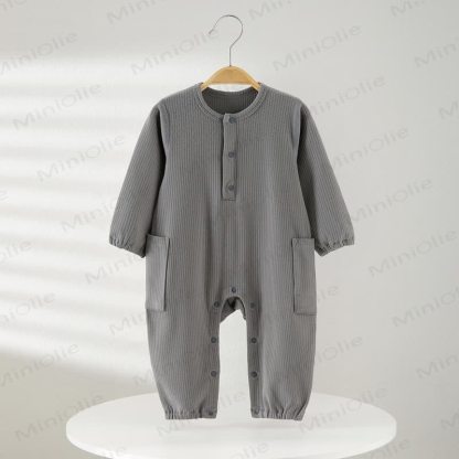 Baby Solid Color Ribbed Double Pocket Romper - Grey - 18-24M - image 11