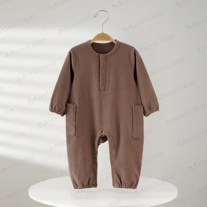 Baby Solid Color Ribbed Double Pocket Romper - Brown - 18-24M - image 12