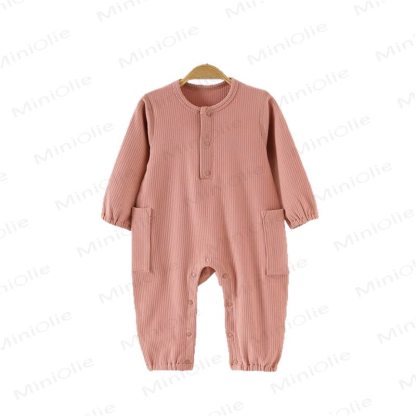 Baby Solid Color Ribbed Double Pocket Romper - image 9