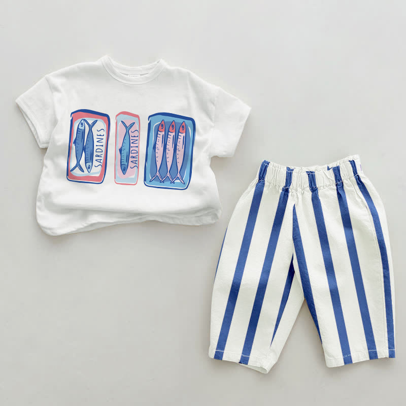 Baby Canned Sardines Blue Vertical Striped 2-piece Set - White&Blue - 2-3T - image 1