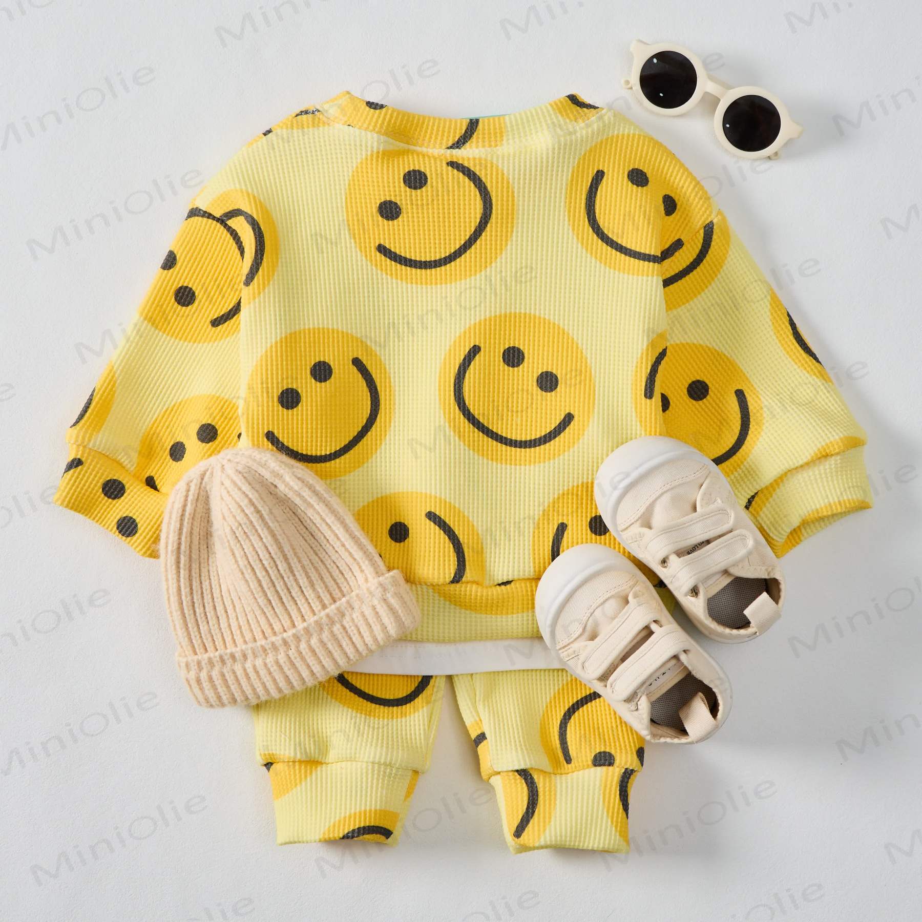 Baby Waffle Yellow Smiley Face Sweatshirt 2-piece Set - image 7