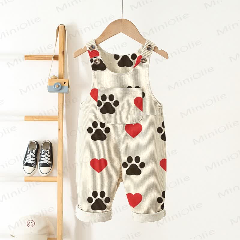 Baby Toddler Heart Dog Paw Corduroy Beige Overalls - Beige - 3-5T - image 1