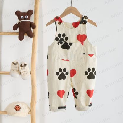 Baby Toddler Heart Dog Paw Corduroy Beige Overalls - image 2