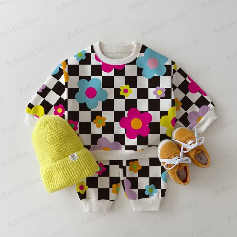 Baby Checkerboard Colorful Flowers Sweatshirt 2-piece White Set - White - 2-3T - image 1