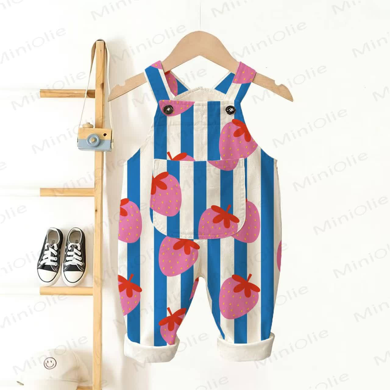 Baby Toddler Strawberry Blue Vertical Striped Overalls - White&Blue - 3-5T - image 1