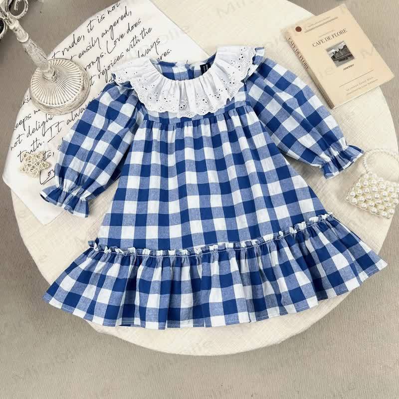 Baby Toddler Girl Plaid Lace Dress - Blue - 5-6Y - image 1