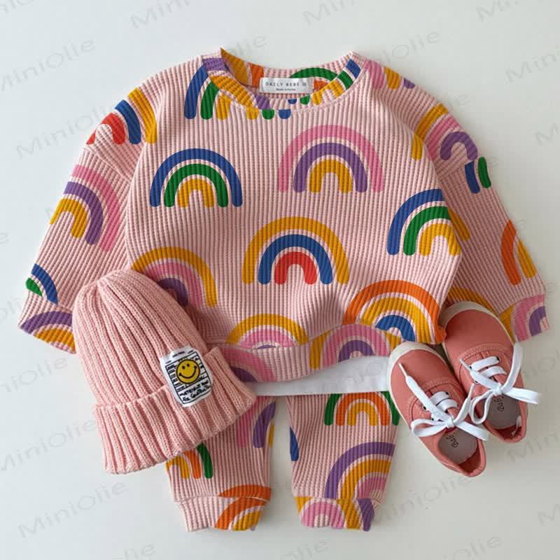 Baby Waffle Rainbow Sweatshirt 2-piece Pink Set - Pink - 18-24M - image 1