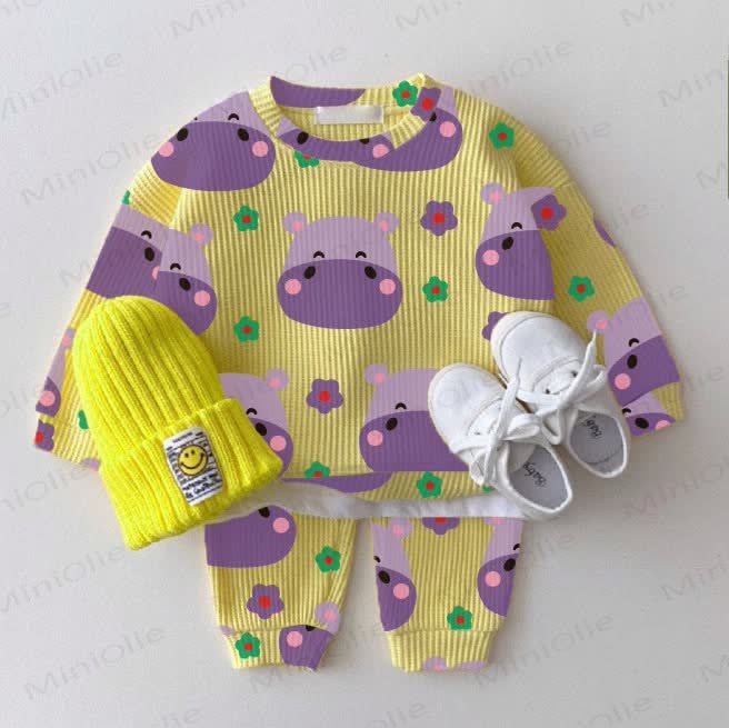 Baby Waffle Cartoon Hippo Sweatshirt 2-piece Set - Yellow - 18-24M - image 1