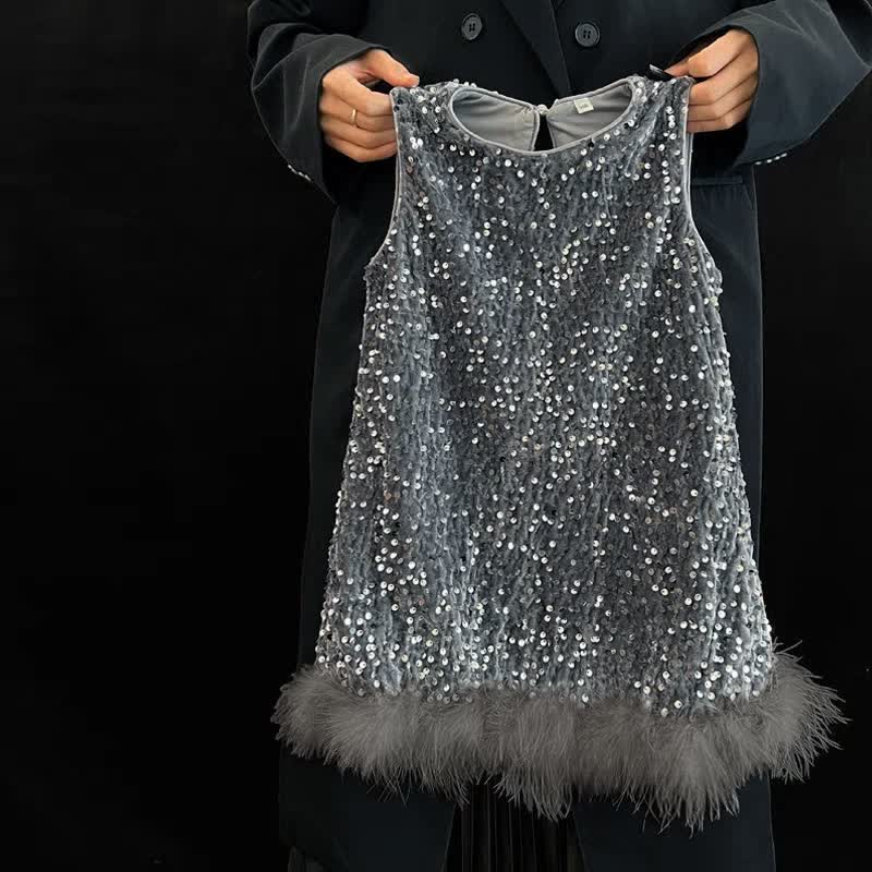 Toddler Kid Girl Sequin Feathers Sleeveless Dress - Grey - 6.5-8T - image 1