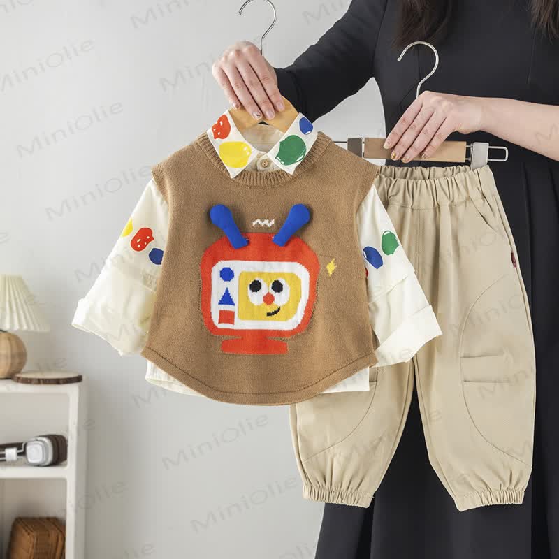 Baby Toddler Boy Cartoon Print Layered Knit 3-piece Set - Beige - 4-5T - image 1
