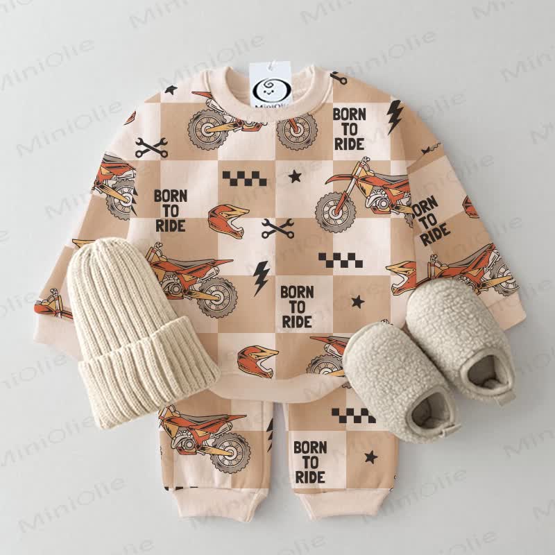BORN TO RIDE Baby 2-piece Plaid Car Beige Set - Beige - 3-5T - image 1