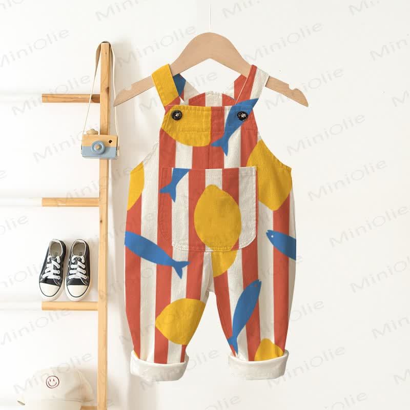 Baby Toddler Red Stripe Lemon Fish Apricot Overalls - Apricot - 3-5T - image 1