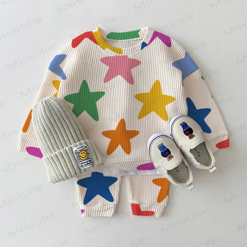 Baby Toddler Colorful Stars Waffle 2-piece Beige Set - Beige - 3-5T - image 1